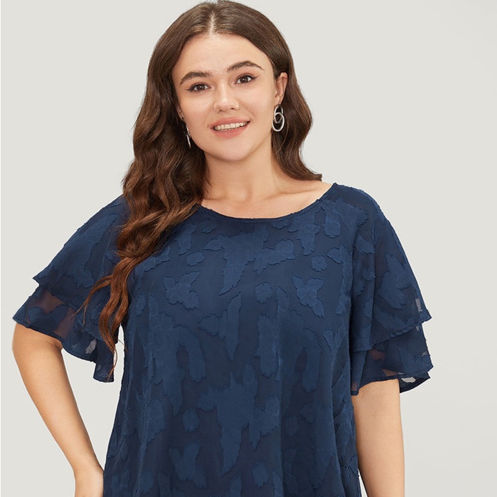 Bloomchic Blue Floral Print Ruffle Tiered Raglan Sleeve Mesh Blouse